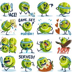 cartoon tennis balls with different expressions and gestures for the game set, match or serve