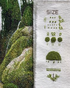 two cross stitchs with trees and bushes on them, one is white and the other is green