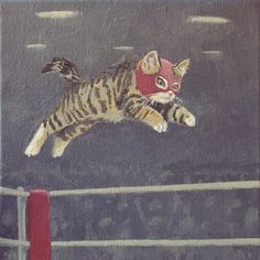 a painting of a cat wearing a mask jumping over a red pole in the air