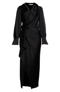 Exude elegance in a high-sheen satin dress that beautifully drapes and is graced with flared cuffs and bishop sleeves. 53" length Surplice V-neck Long sleeves with flared one-button cuffs Lined 89% acetate, 11% polyester Dry clean Imported Black Dress Long Sleves, Black Modest Dress, Wrap Satin Dress, Modest Black Dress, Feminine Era, Long Satin Dress, Long Sleeve Satin Dress, Bishop Sleeve Dress, Chic Evening Dress