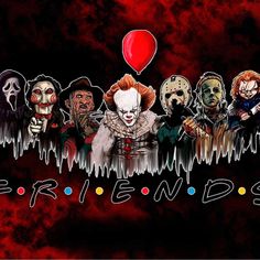 a group of people with clowns and balloons in front of a red background that says friends