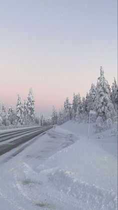 the road is covered in snow and has lots of trees on both sides as well