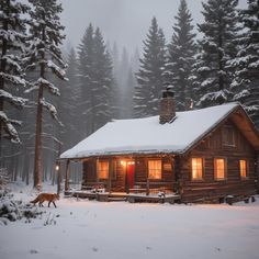 a log cabin in the woods with snow on the ground and lights on at night