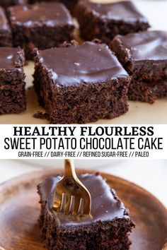 chocolate brownies on a plate with a fork in it and the words healthy flourless sweet potato chocolate cake