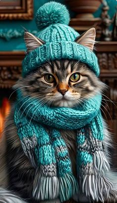 a cat wearing a blue knitted hat and scarf