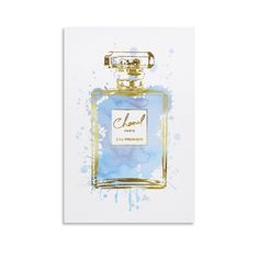 a blue and gold perfume bottle on a white background