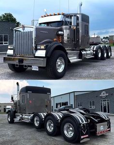 two pictures of the front and side of a semi truck with chrome rims on it