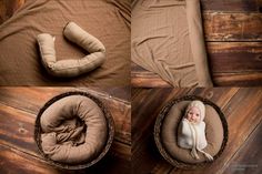 a baby in a basket on top of a wooden floor next to pillows and blankets