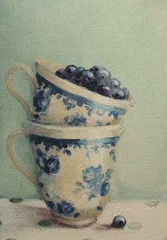 a painting of two cups with blueberries in them