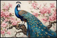 a painting of a peacock sitting on a tree branch with pink flowers in the background