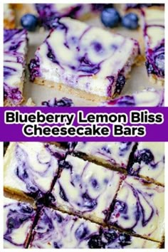 blueberry lemon bliss cheesecake bars cut into squares and stacked on top of each other