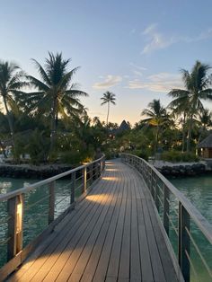 a wooden bridge over water with palm trees in the background