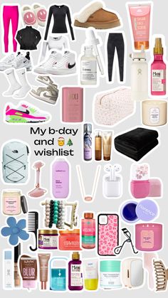 a collage of various items that include shoes, hairbrushes and cosmetics