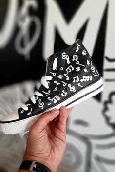 "⭐ FREE SHIPPING ⭐ Classical music notes high-top art custom fashion sneakers. Perfect custom funky pop for your next trip or a perfect gift on Valentine's, Birthday, and any occasion. Available in unisex sizes, kindly refer to the size chart at the time of order. The design can be customize according to your choice. Please add personalization in the \"NOTE SECTION.\" Design a custom pair of your choice today! Our focus is, as ever, on providing you with fashionable and well-made customized hand Music Shoes, Cute Converse, Painted Sneakers, Custom Converse, Sneaker Art, Hand Painted Shoes, Hip Hop Art, Vans High Top Sneaker, Birthday Gifts For Boys