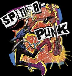 a drawing of a man playing guitar with the word punk on it's back