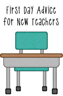 a blue chair sitting on top of a wooden desk next to a white sign that says first day advice for new teachers