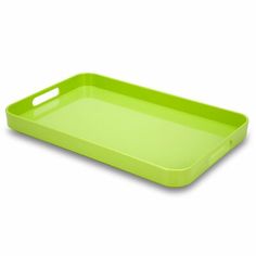 a bright green tray with handles on the top and bottom, sitting against a white background