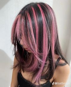 Hair Color Ideas Strands, Dark Pink Hair Streaks, Striped Pink Hair, Skunk Peekaboo Hair, Black With Dark Purple Highlights, Black Hair Pink Stripes, Pink Black Hair Color, Pink Hair Color Ideas For Brunettes Straight Hair, Black Hair With Pink Stripes