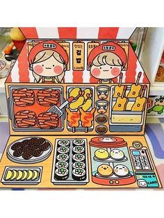 an assortment of food is displayed in front of a refrigerator with magnets on it