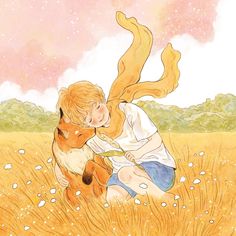 a little boy kneeling down next to a dog in a field with grass and flowers