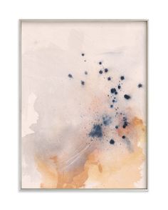 an abstract painting with blue and orange colors on it's white background, framed in wood frame