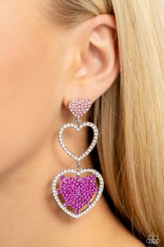 A light rose-encrusted silver heart, white rhinestone-encrusted silver heart frame, and fuchsia rhinestone-encrusted layered heart frame gradually increase in size as they delicately interconnect and stack into a dazzling lure for an elegant effervescence. Earring attaches to a standard post fitting.   Sold as one pair of post earrings. Pink Heart Earrings, Red Bracelets, Heart Frame, Rhinestone Heart, Pink Necklace, White Necklace, White Rhinestone, Pink Rhinestones, Colourful Necklace