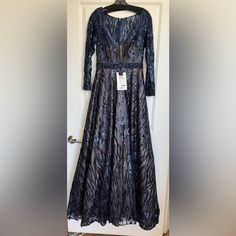 Brand New Luxurious Evening Gown Beautiful Beading Across, Especially At The Waist And Wrist Navy Gown, Mac Duggal, Evening Gowns, Mac, Long Sleeve Dress, Brand New, Navy, Womens Dresses, Long Sleeve