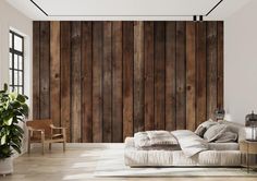 a living room with wooden walls and flooring