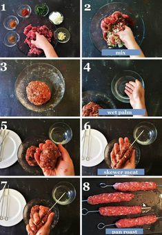 the steps to make sausage being cooked in a bowl with tongs and seasonings