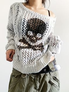 Skull Pattern Cut Out Pullover Sweater, Y2K Long Sleeve Sweater For Spring & Fall, Women's Clothing https://share.temu.com/3xX8Q8LDWVA via @shoptemu Harajuku Grunge, Design Knit, Autumn Knitwear, Skull Sweater, Y2k Long Sleeve, Retro Sweater, Cable Knit Jumper, Edgy Style, Collars For Women