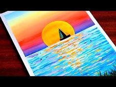 a painting of a sailboat in the ocean at sunset