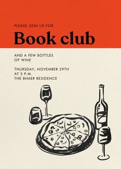 a flyer for a book club with pizza and wine