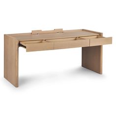 a wooden desk with two drawers on the top and one drawer open to reveal an object