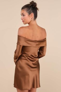 Brown Mini Dress - Satin Mini Dress - Foldover OTS Dress - Lulus Mini Dress Satin, Brown Mini Dress, Brown Satin, Flirty Dresses, Adhesive Bra, Dress Satin, Satin Mini Dress, Strapless Bra