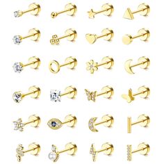 a collection of different types of studs and piercings on a white background, all in gold