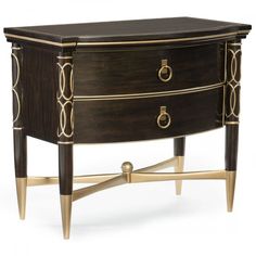 a black and gold chest with two drawers on one side and an open drawer on the other