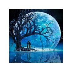 two people standing under a tree in front of a full moon with water reflecting on the ground