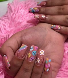 Rave Nails, Retro Nails, Spring Acrylic Nails, Hippie Nails, Summery Nails, Girly Acrylic Nails, Unique Acrylic Nails