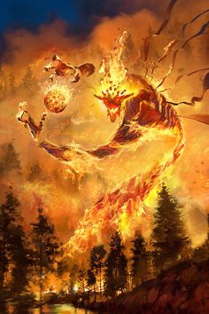 a painting of a fire breathing creature