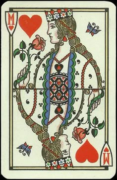 a playing card with an image of a woman holding a heart and two hearts on it