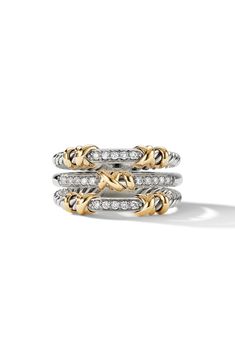 Sterling silver with 18-karat yellow gold. Pavé diamonds, .21 total carat weight. Ring, 12mm. Imported. 1/2" band width Diamond Guide