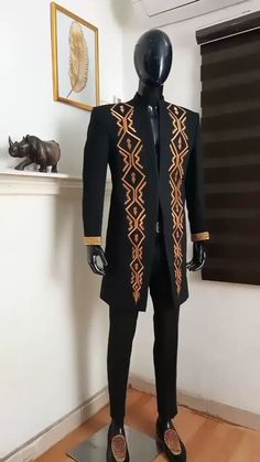 Formal Fitted Long Sleeve Agbada, Elegant Agbada For Eid Ceremony, Elegant Festive Agbada With Traditional Drape, Elegant Groom's Nehru Jacket With Dabka Work, Elegant Nehru Jacket For Traditional Ceremonies, Elegant Groom's Set With Dabka Work, Gold Agbada For Festive Wedding, Luxury Gold Suits For Groom, Elegant Groom Traditional Wear With Dabka