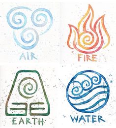 four different logos with water and fire painted on them