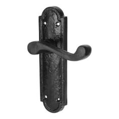 an iron door handle with a black finish on the front and back side of it