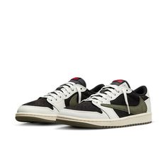 The Air Jordan 1 Retro Low OG SP 'Travis Scott Medium Olive' is a stylish sneaker that features a unique blend of Sail and Black colors. It is inspired by Travis Scott's signature details, such as the oversized backward Swoosh on the lateral side, tongue, inner panel and insole with the Cactus Jack branding. The sneaker is finished with the iconic Air Jordan Wings on the right heel and Scott's rough-drawn face on the left heel. It is perfect for any street style look and is made with a rubber so Travis Scott Olive, Jordan Travis Scott, Travis Scott Shoes, Travis Scott Low, Nike Travis Scott, Travis Scott Jordan 1, Mid Jordan 1, Wmns Air Jordan 1, Nike Jordan Retro