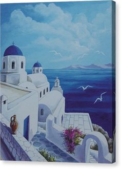 a painting of a sea view with white buildings and blue domes