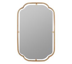 a gold framed mirror with an oval frame and metal bars around the edges, against a white background