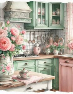 a painting of pink flowers in a vase on a kitchen counter with green cupboards