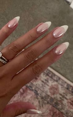 Nail Inspo For A Black Dress, Gel Nail Designs Pearl, French Almond With Chrome, French W Chrome, Pearl White French Tip Nails, Frosty White Nails, White Chrome French Tip, French Tip With Chrome, White Winter Nails