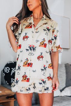 This 2-piece pajama set is super cute! Western Pajama Set, Western Pajamas, Western Pjs, Pj Ideas, Western Fits, 15 Aug, Silky Pajamas, Cute Pajama Sets, Pyjama Sets